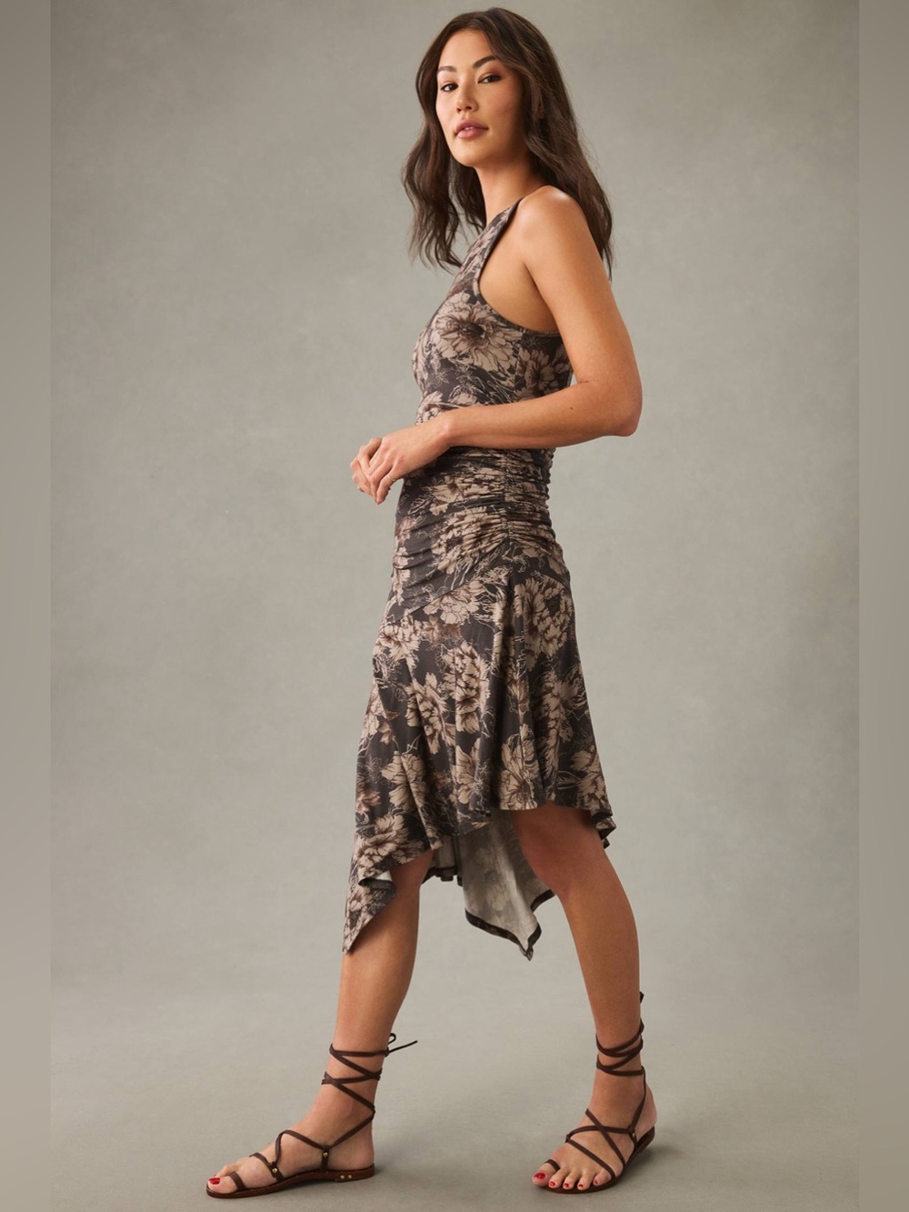 NWT! Anthropologie Daily Practice Floral Ruched Asymmetrical-Hem Dress Sz Small
